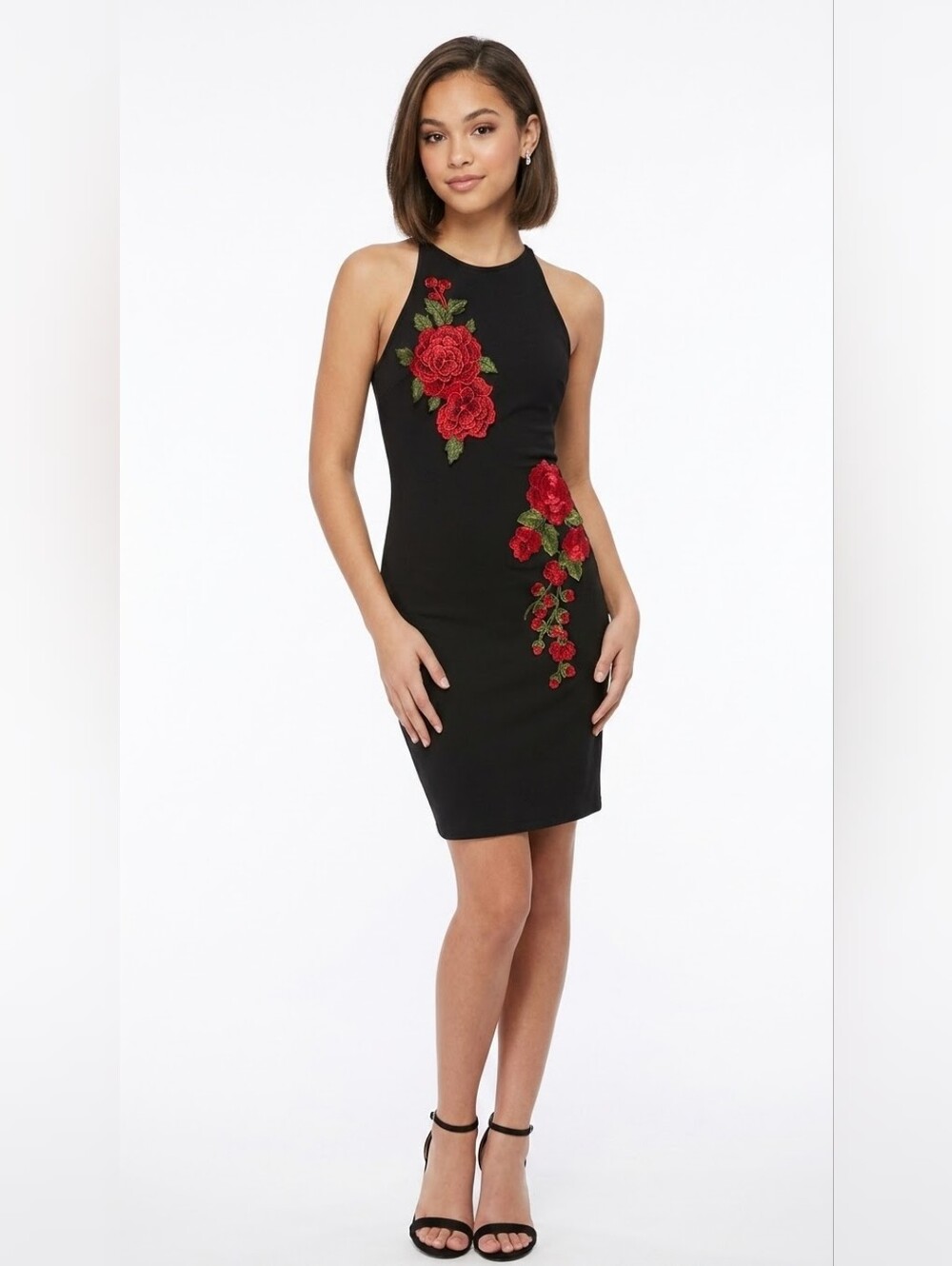 B Darlin Juniors Black Dress with Red Rose Embroidery Size 1/2